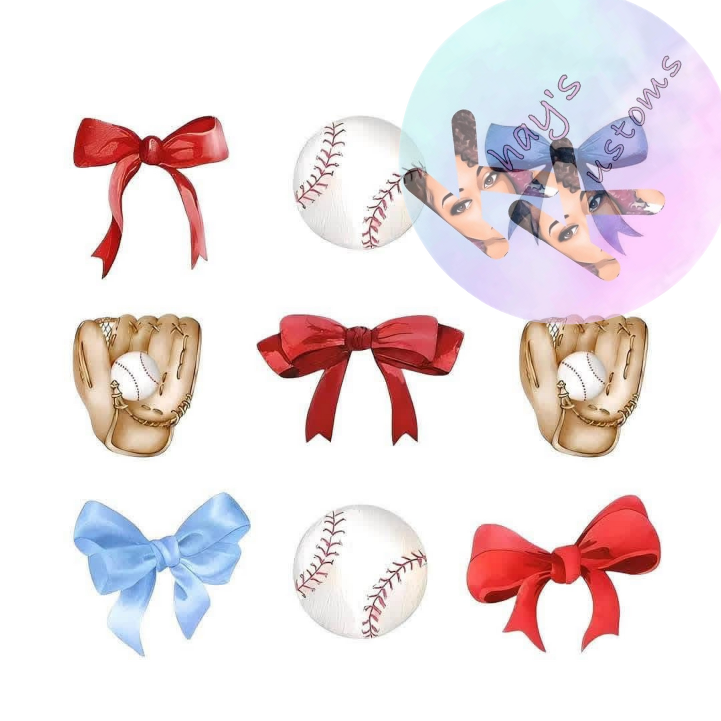DTF TRANSFER- RED AND BLUE BOWS AND BASEBALLS