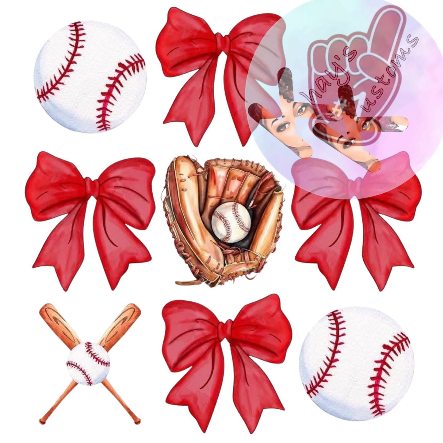 DTF TRANSFER- RED BASEBALL BOWS & BATS