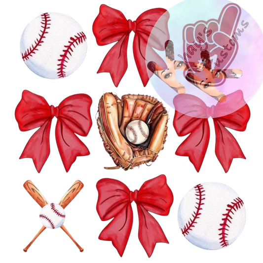 DTF TRANSFER- RED BASEBALL BOWS & BATS