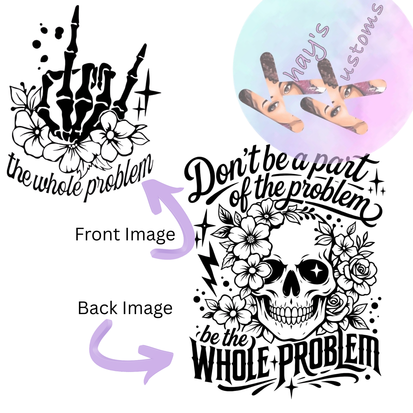 DTF TRANSFER- THE WHOLE PROBLEM FRONT AND BACK IMAGE